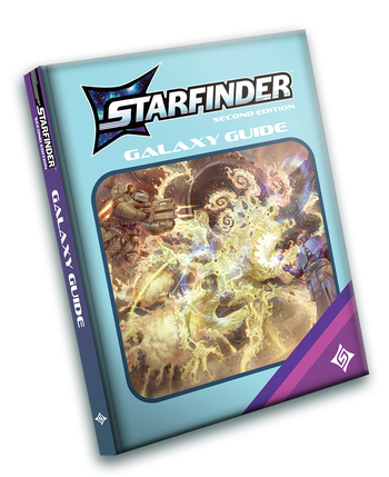 Starfinder Galaxy Guide Retailer Cover: A video game box inspired cover with art of the Starfinder iconic witchwarper Zemir, using magic to look into a bright golden cosmos