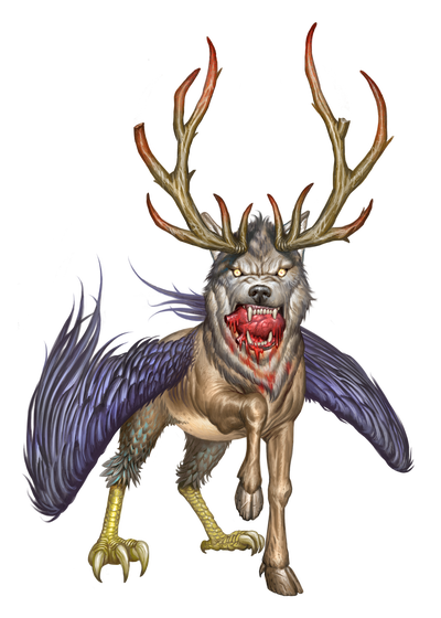 Illustration by Firat Solhan: A peryton, a beast with the head of a wold, hooves and horns of a deer, claws and wings of a hawk,