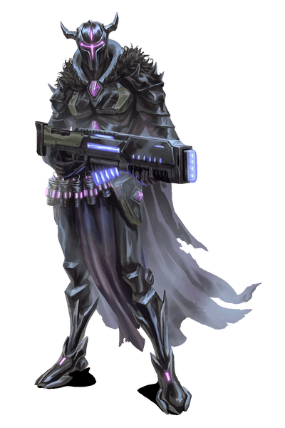 Order of the Eclipse Hellknight, artist Tom Ventre: A Hellknight from the Order of the Eclipse dressed head to toe in futuristic black plate armor clutches a two-handed rifle. Their face is covered by their horned helmet, and grenades and ammunition hang from a belt on their hip.