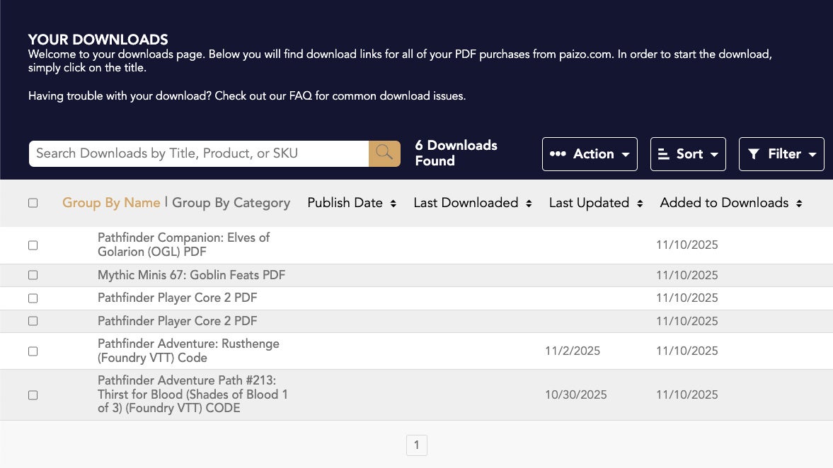 A screenshot of the Paizo Store Digital Library user interface. Options in the library include a search function, number of downloads, actions, sort, and filter.