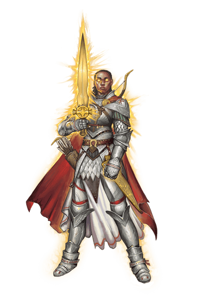 Illustration by Firat Solhan: iconic champion, Seelah, standing in full armor with glowing eyes and a glowing sword