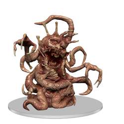 a mini figure of a flesh warped creature with multiple protruding limbs, bones, and tentacles. A mouth is open to reveal a second mouth inside