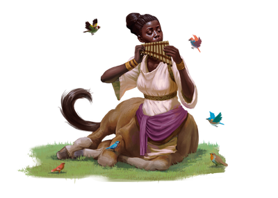 Centaur Bard - art by Wilmar Ballespí Escarp: a centaur lounging on the ground playing a pan flute