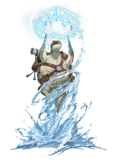 Awakened Turtle Kineticist - art by Damien Mammoliti : an awakened turtle wearing an adventuring pack surrounded by water and ice