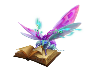 hexmoth - art by Vira Linevych : a blue and purple moth sitting on a spellbook