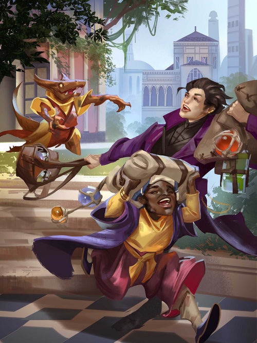 Illustration by Vlad Hladkova : Two students dressed in bright colors, a male Chelaxian human and male Mbe’ke dwarf, flee after playing a prank on the proprietor of the Magaambya’s School Store, a copper-scaled kobold