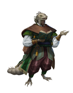 Baranthet: Art by Gunship Revolution. A humanoid with lizard-like featured dressed in natural colored layered clothing, holding a book open