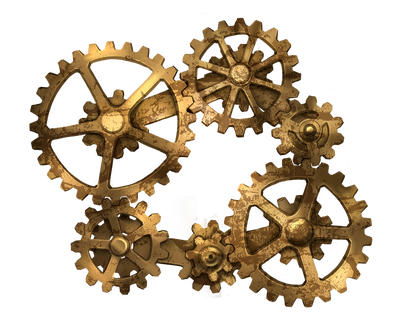 Illustration by Gislaine Avila: A circle of interlocking, brass colored, gears