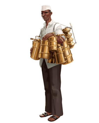 Illustration by Mylene Bertrand; a dark skinned human male dressed in a simple white shirt, hat, and dark pants carrying multiple brass hot food pots
