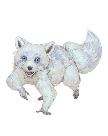 Lu-Venon, artist Lucas Fernando: An adorable quadrupedal mammal scamped forward with a bright grin. Covered in thick white fur well suited to the cold, it has two short, rounded ears, wide eyes, dexterous paws, and a fluffy tail.