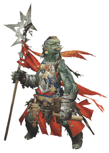 Art by Wayne Reynolds. Ulka Oathshriek, the iconic commander. A female orc dressed in plate armor covered in different badges and metals. She holds a spyglass in one hand and a pole arm with a jagged axe-head in the other. 