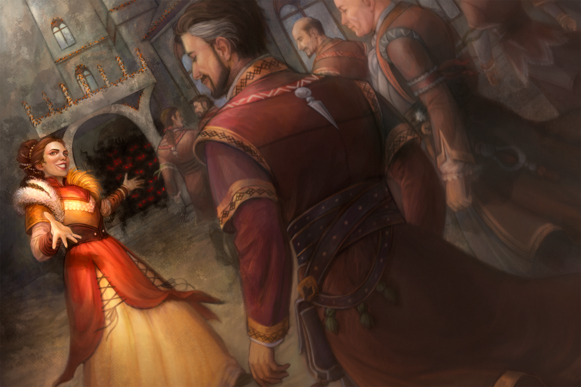 Illustration by María Rosario Arteta Chagüi : Hesla welcomes a crowd of Absalom leaders and nobles into her party, as her minions lie in wait