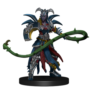 A mini figure of Allevrah Azrinae. Wearing silver armor over blue and red robes, she has a shield on one arm and wields a spiked, vine-like whip in the other hand