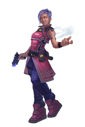 Smiling female android with short hair and exposed nanites.