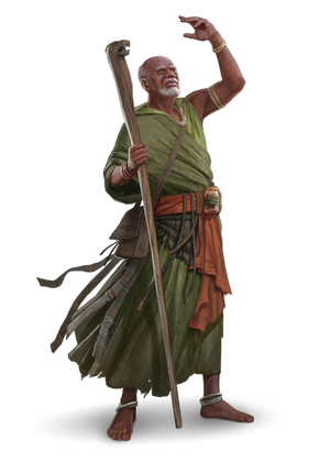 Old Man Jatembe, a dark skinned older man, dressed in green robes, holding a tall staff