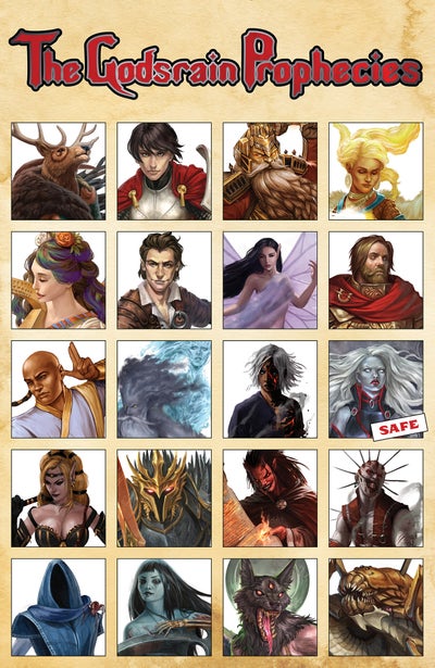 An array of 20 portraits depicting the gods of the Pathfinder setting. Pharasma’s portrait has been marked “safe.”
