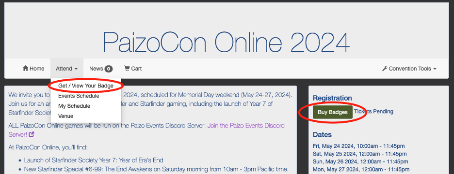PaizoCon on Tabletop.Events Ticket purchasing screenshots