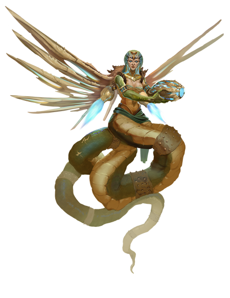 Art by Renan Maurilio: An alien with a humanoid torso, snake-like body, a jet pack shaped like wings, holding a small canon-like weapon