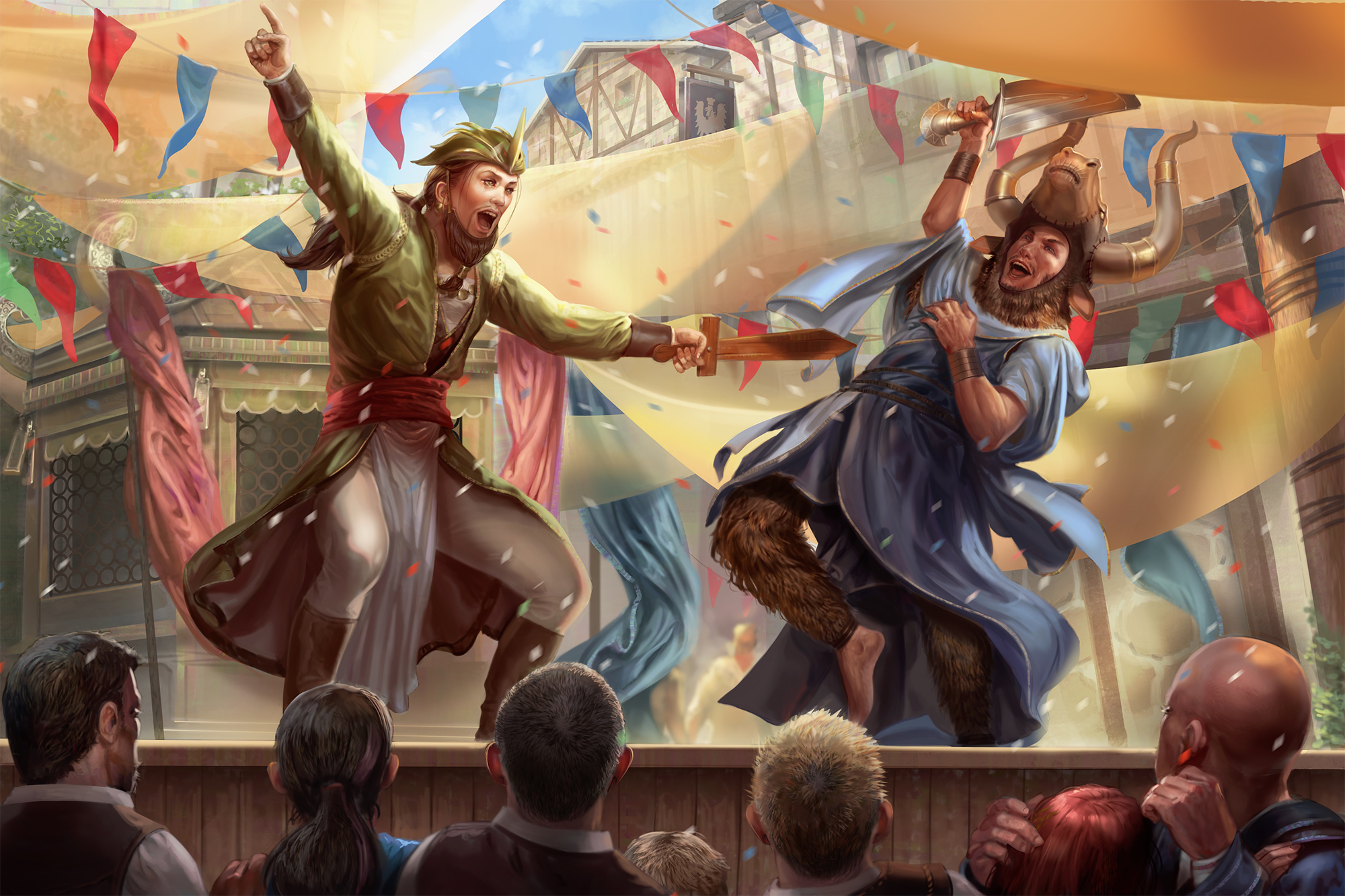 : An actor dressed as Aroden, complete with a fake beard, waves a wooden sword prop at her costar, who wears shaggy fur leggings and a painted minotaur mask. The crowd roars at the scene of revelry.