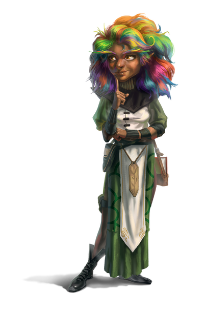 Ustalav Researcher: a gnome with rainbow hair wearing a layered green and light dress, taps their finger on their chin inquisitively while inspecting something in the distance 
