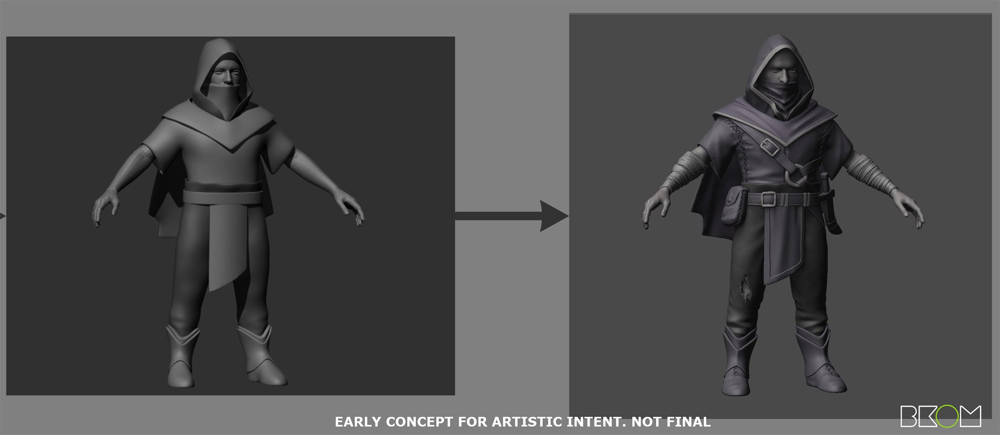 a breakdown of a 3-D concept model showing a basic 3 Dimensional model with minimal details to a fully designed model with full clothing and accessory details.