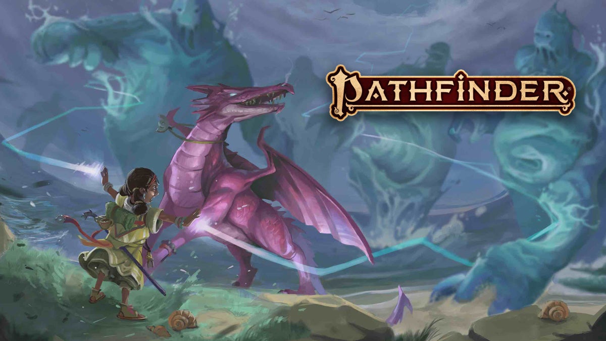 : Illustration by Rubén Pomares. A small girl stands on the seashore casting a spell, and electricity arcs from her hands to a group of water elementals attacking her. A pink dragon, twice her size, stands between her and the oncoming elementals, shielding her from attack.