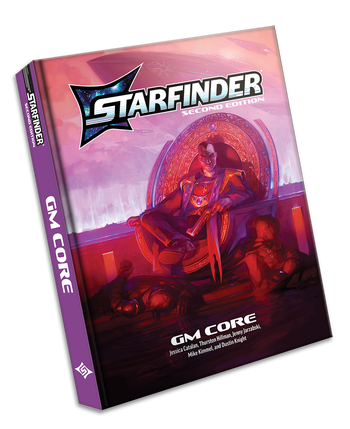 Starfinder Second Edition GM Core. The cover art features a blue skinned humanoid alien lounging menacingly in a throne with people laying unconscious at his feet 