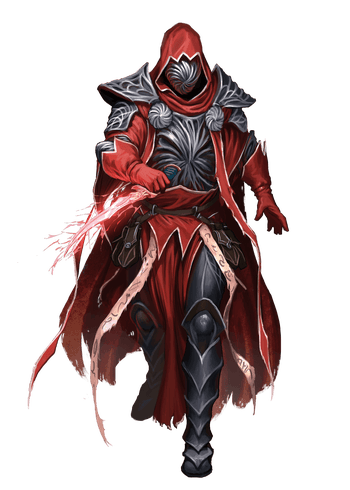 Order of the Chain Hellknight, artist Leonardo Borazio: A Hellknight signifer in light but imposing armor approaches, wielding a wickedly glowing magical dagger