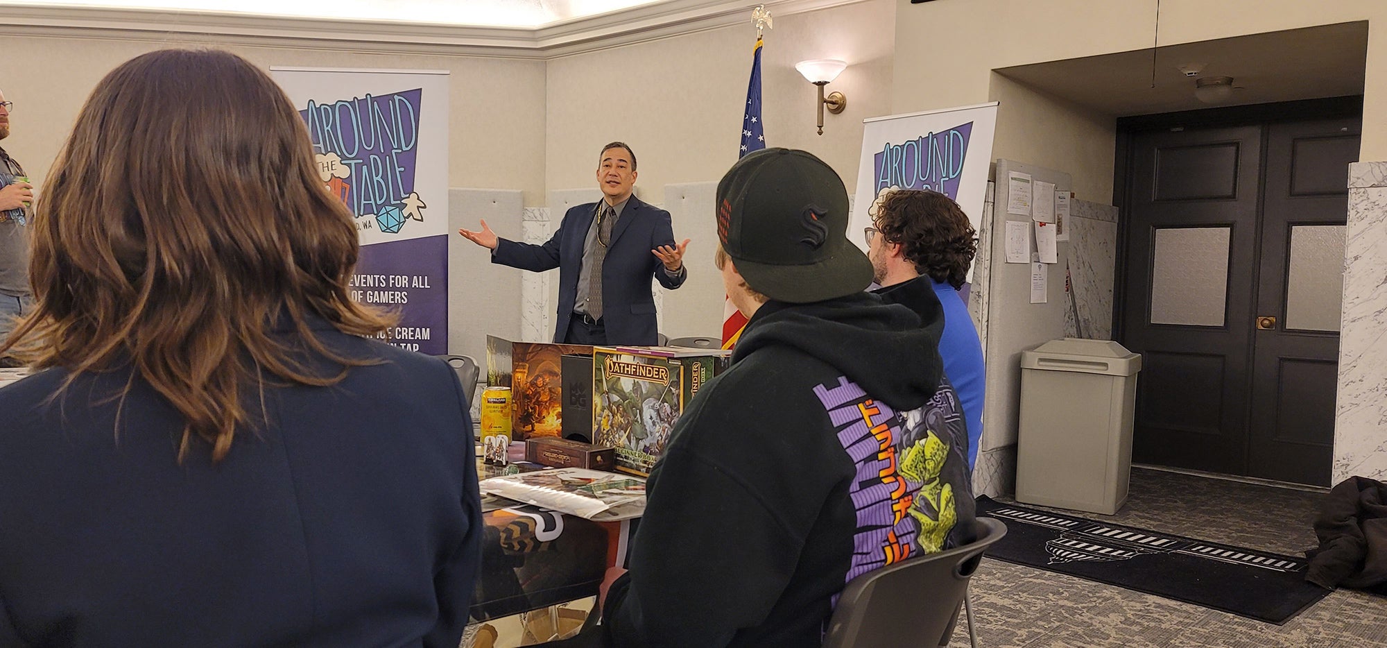 Washington Secretary of State Steve Hobbs addresses the gathered game industry representatives