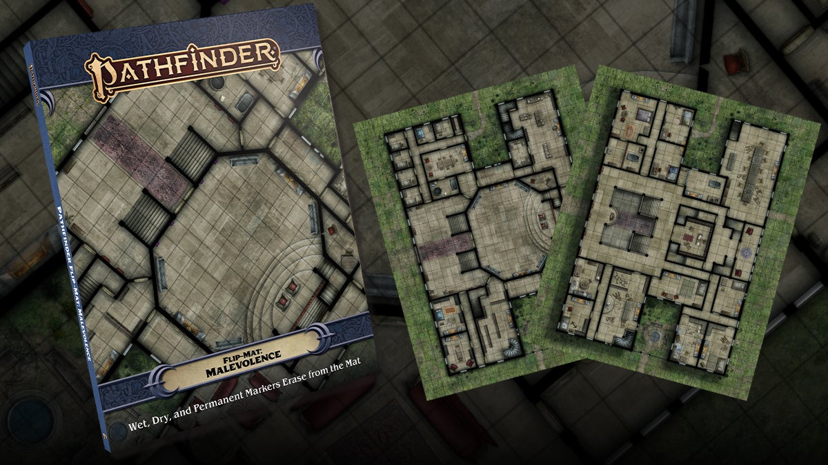 Pathfinder Flip-Mat Malevolence. One side depicts the ground floor of a haunted mansion while the other is the upper floor's layout