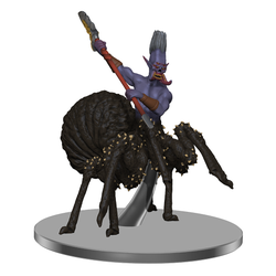 A mini figure with the lower body of a spider and torso of a drow with four eyes and mandibles. It holds a glaive in two hands, ready to attack