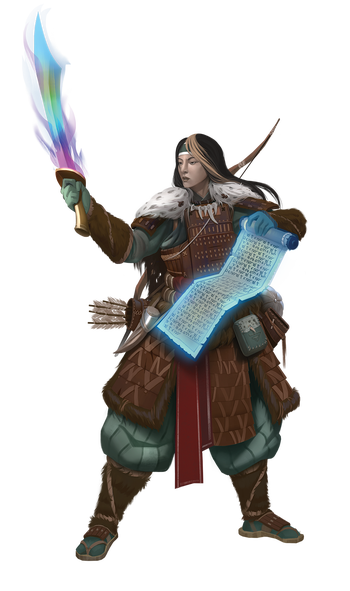 Illustartion by Jessé Suursoo : Magus Archetype Atharaa, holding the glowing sword and scroll