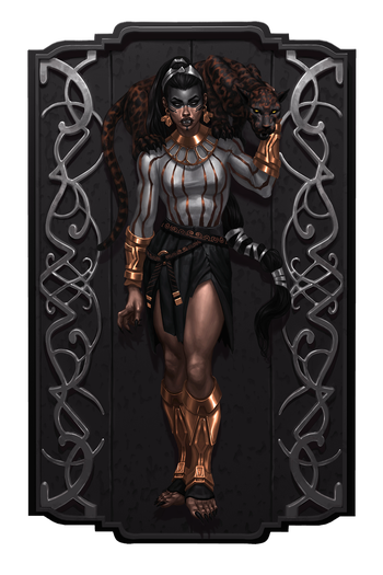 Art by Daniele Sorrentino. A carving of Majagua, goddess of community. She is a muscular, fanged woman with a panther companion