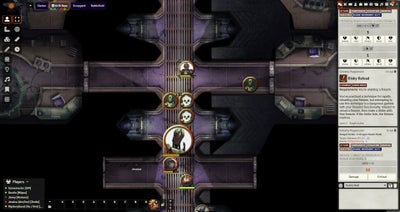 Top down view of virtual tabletop online map featuring an interior walkway with the game UI on the right side of the screen