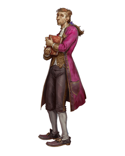 Cheris Nefritius-Sincoth by Mirco Paganessi. A light skinned human, dressed in a magenta coat, clutching a book to his chest 