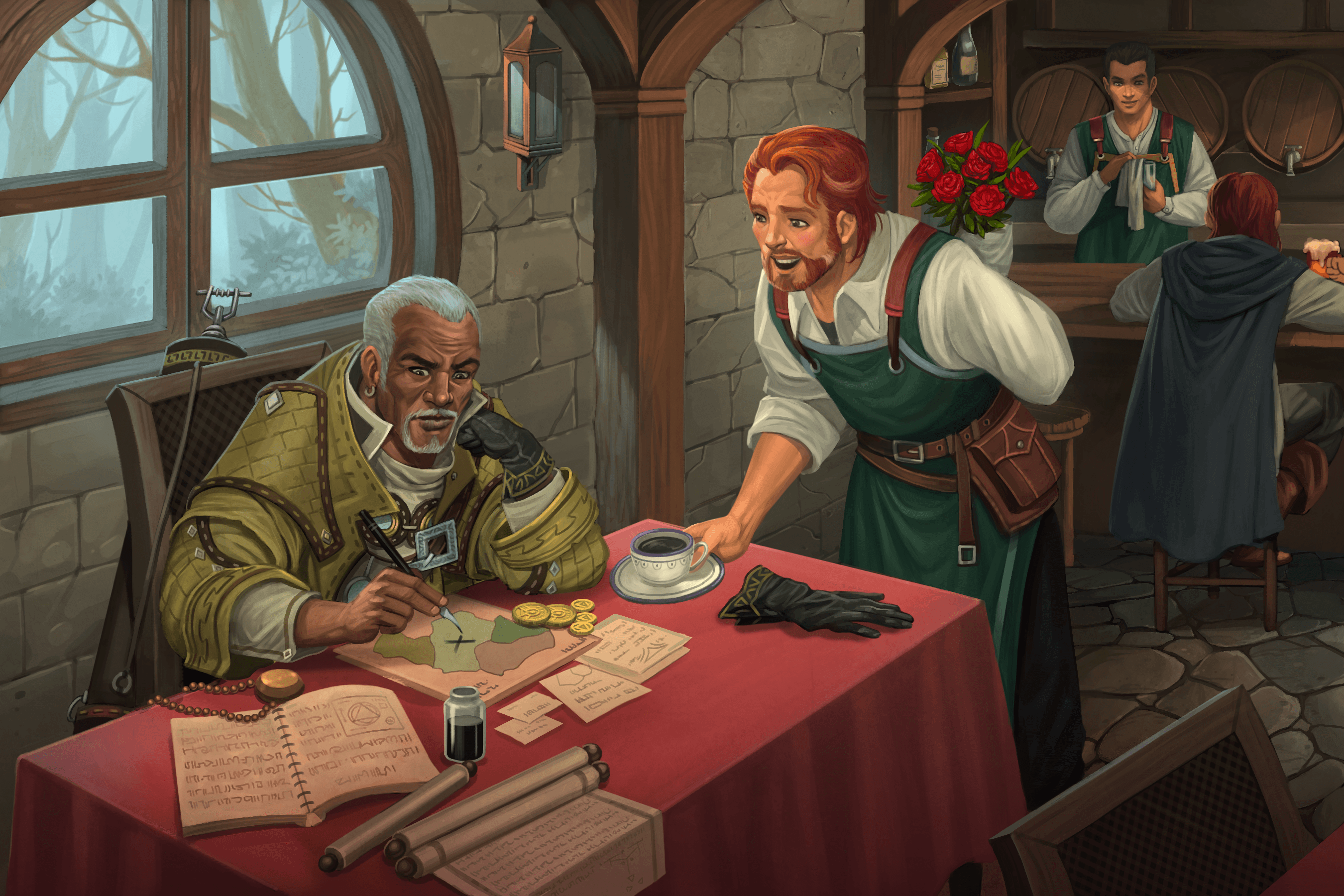 Art by Kiki Moch Rizky : Iconic investigator, Quinn, works on a case while his favorite barista delivers him coffee to his table