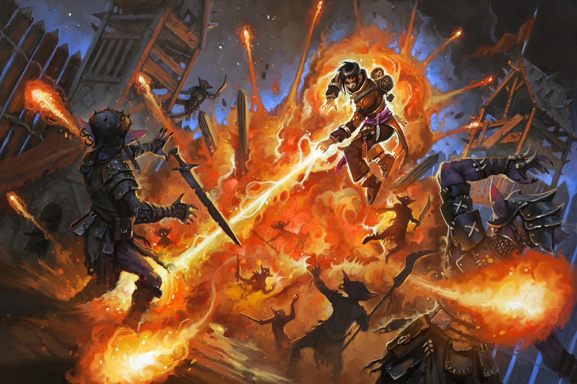 Illustration by Yanis Cardin. Yoon using fire to defeat the Gunpowder gang