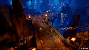 A gameplay image of the player characters crossing a bridge