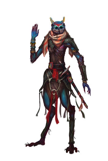 Art by Alexander Nanitchkov. An anadi in human-spider hybrid form waves at the viewer, looking oddly cute despite his arachnid features.