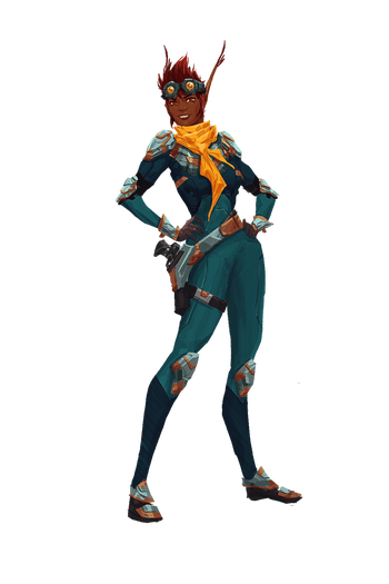 Artist Przemyslaw Golab. a dark skinned humanoid with short red hair, stands in a teal jumpsuit with their hands on their hips, and their blaster holstered 