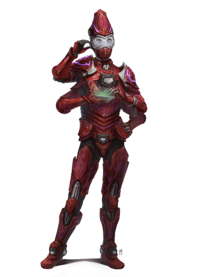 Artist Beatrice Pellagatti: First Seeker Ehu Hadif, a male kasatha in red armor, examines a datapad.