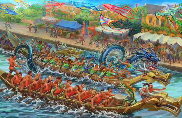 Art by Ekaterina Gordeeva: Dragons and dragon boats race down the rivers of Xa Hoi! 