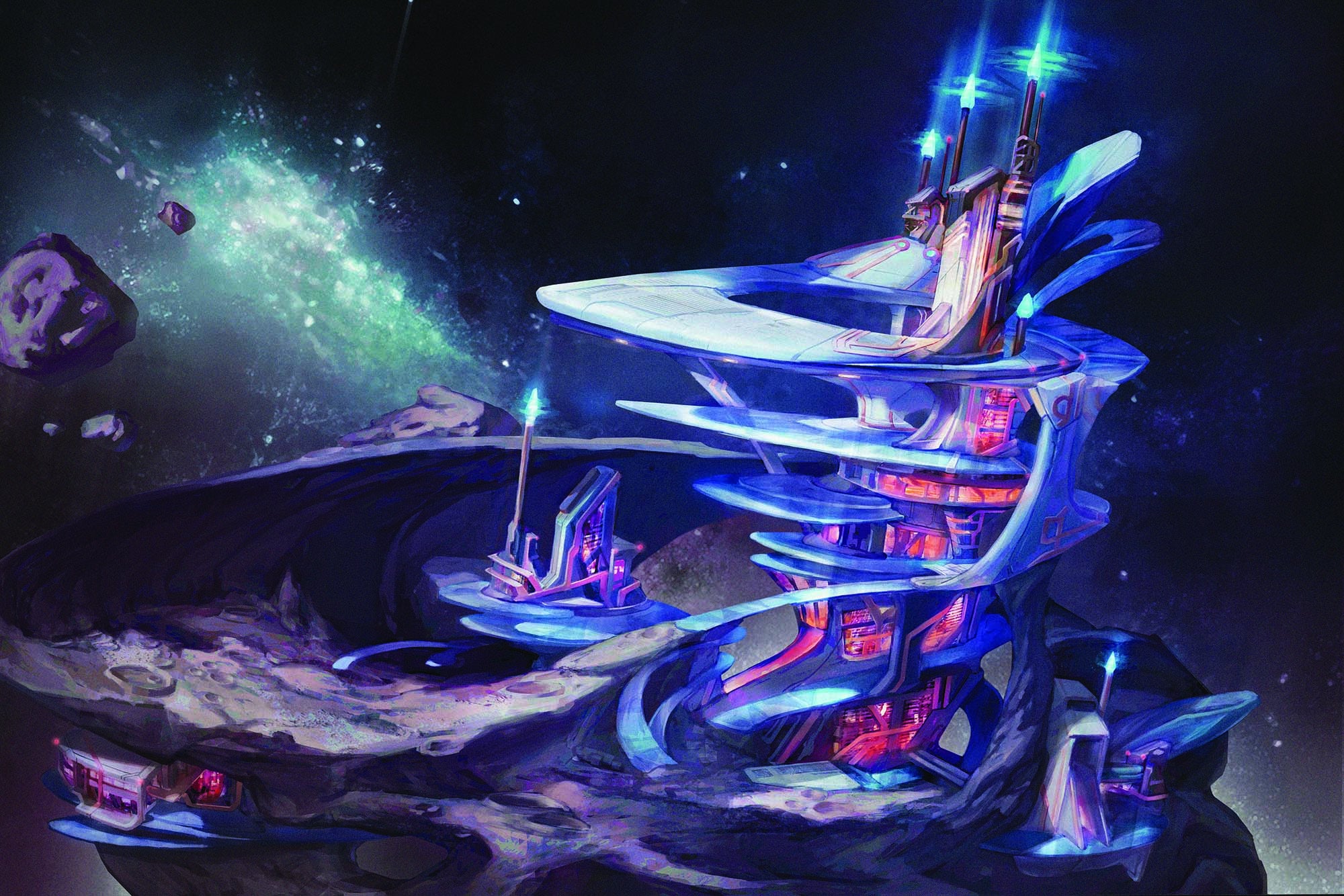 Illustration by Alexander Gorbunov: A tall beacon building in deep space