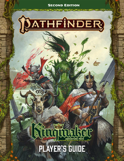 Pathfinder Kingmaker Player's Guide Cover. Three figures face the viewer, on the left a red eyed cyclops lichee, in the middle a green plantlike woman, and a human king holding a halberd
