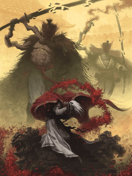 Illustration by Shafi Adams: A white haired person in a red cloak covers their ears and crouches away from a large humanoid ghost swinging a large sword down on them from above