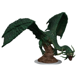 a large mini figure of a green jabberwock posed on a jutting stone. Curled around the stone with its wings spread and head lowered and roaring