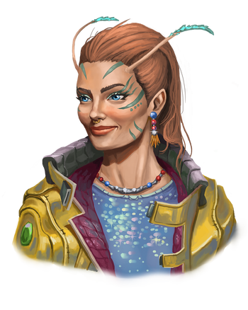 Domaaz Manhala - artist Felipe Carneir : A young, nonbinary lashunta dressed in stylish street clothes grins, grateful for your aid.