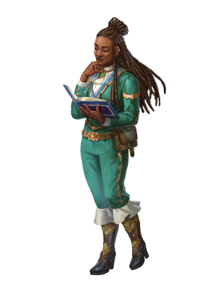 A dark skinned young woman dressed in teal with gold trim, reading from a book
