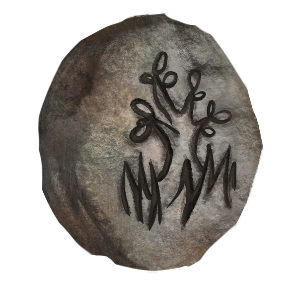 Art by Mayra Luna - Emblem of Forests and Meadows, a stone with a tree and grass carved into the side