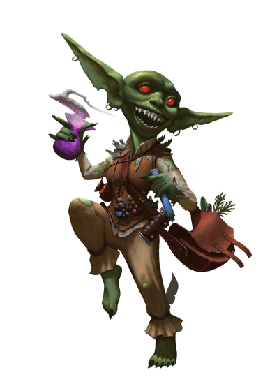 Art by  Josef Kucera: A happy goblin with a purple potion in their hand, skipping through life without a care in the world.